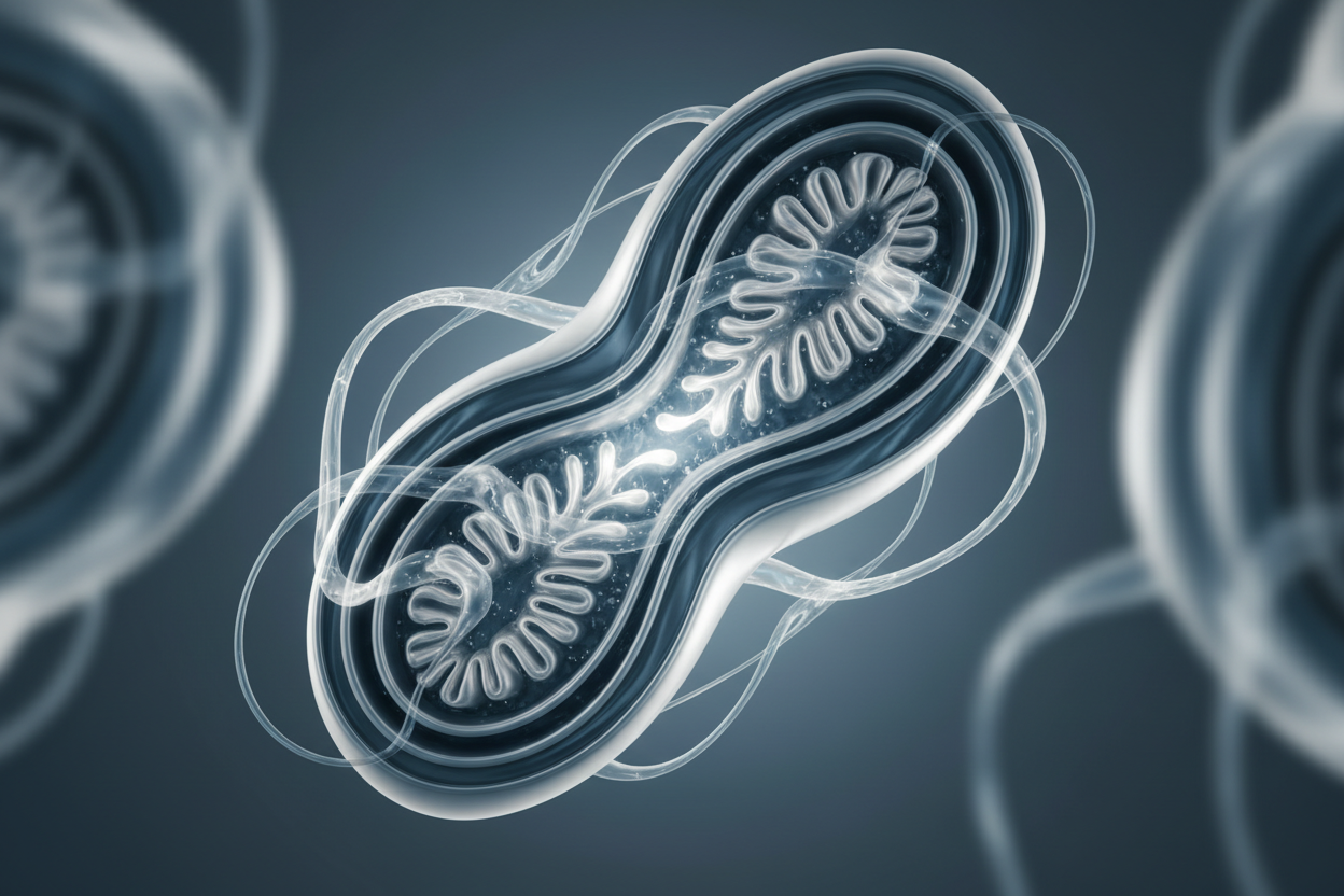 Abstract, steel-blue / platinum. Emphasize Mitochondria theme. Slow gradient, subtle motion if possible