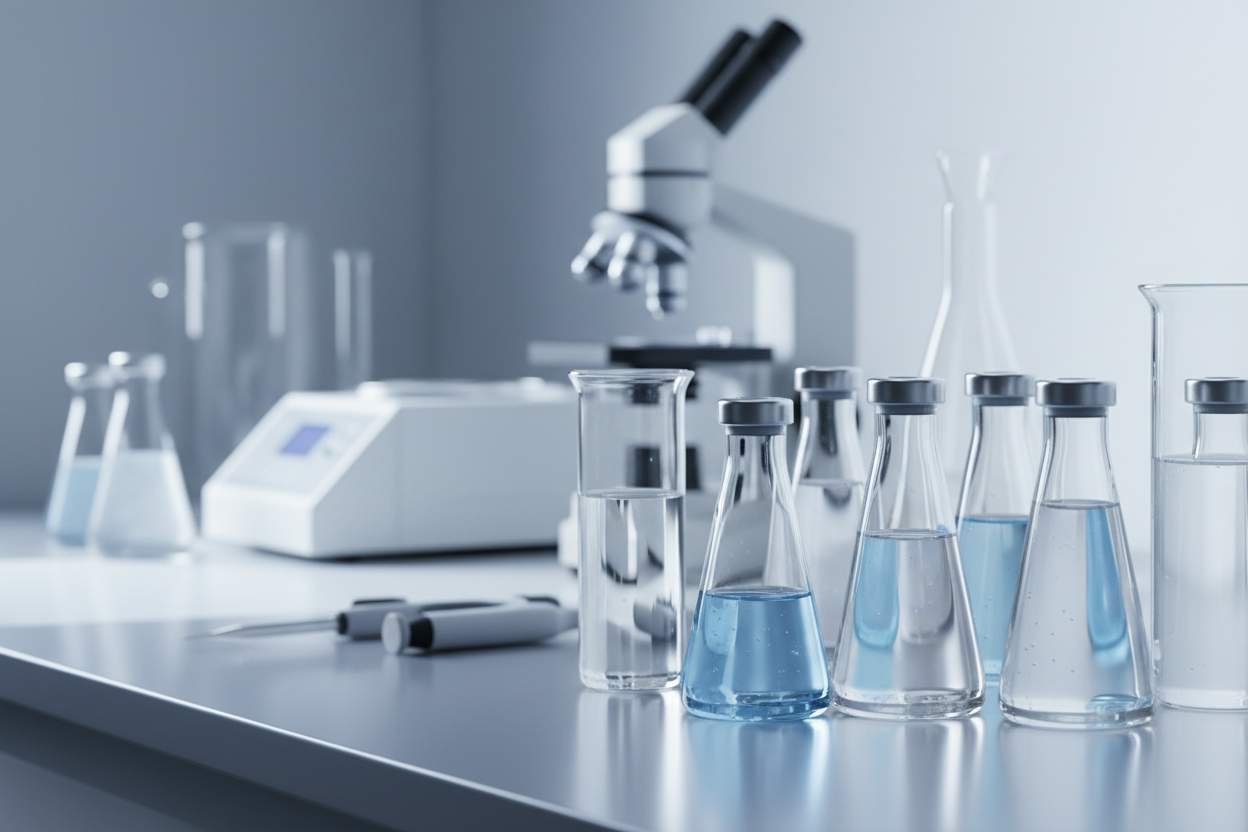 Close up laboratory scene in premium biotech aesthetics: soft diffused lighting, subtle platinum and steel blue hues, clean glass vials, scientific instruments out of focus, calm and controlled, no visible brand text