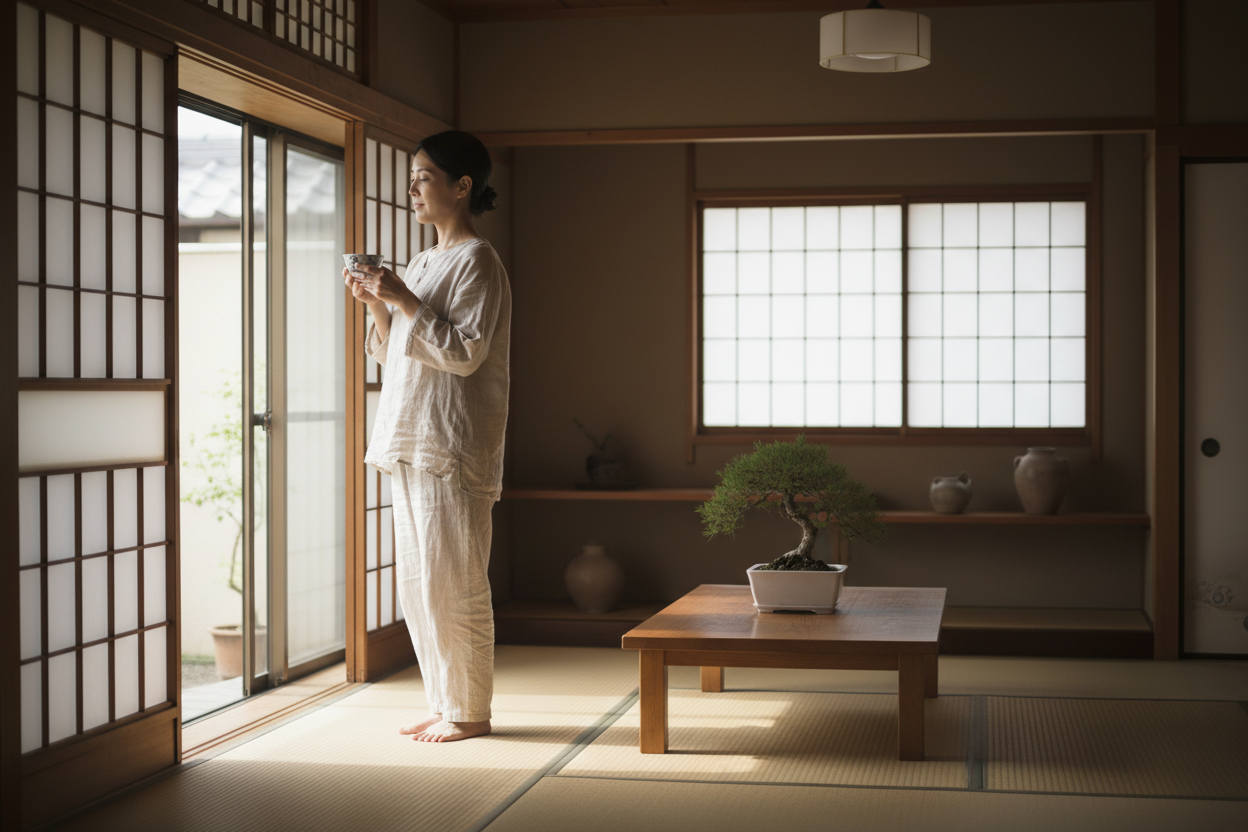 Create a refined Japanese lifestyle image that symbolically represents the multiple roles of mitochondria in supporting everyday bodily balance.

Depict a calm, everyday moment in Japanese life where a person appears centered, healthy, and composed — such as a quiet morning routine, gentle movement, or a reflective pause during the day.
The subject should not be exercising intensely; the action should feel natural and effortless.

Use soft natural light, with a clean, minimal environment.
The color palette 