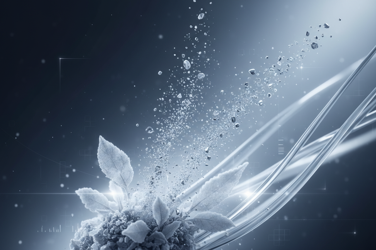 Minimal ingredient-focused visual, refined particles emerging from natural plant-based origin, blue-white and platinum tones, abstract and elegant, research-driven aesthetic, no food photography, no claims, premium supplement science style
